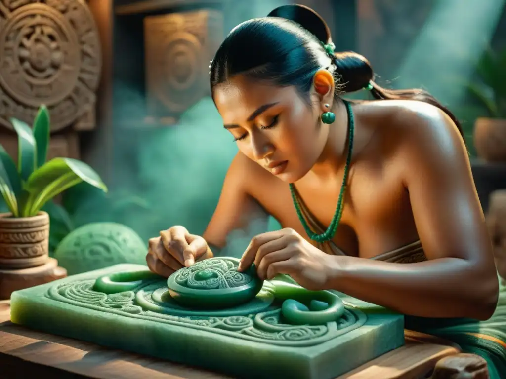 Invertir en arte maya auténtico: Un artesano maya talla diseños en jade con precisión y destreza, resaltando la herencia cultural