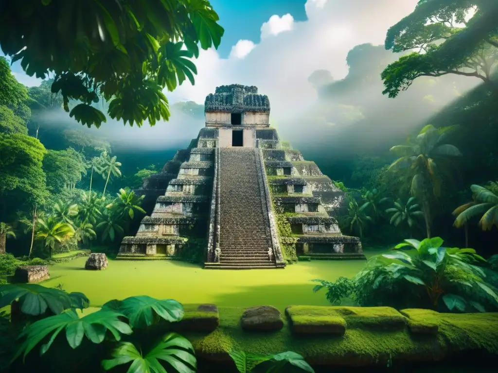 Arte maya sostenible en la jungla: ruinas antiguas y naturaleza exuberante se entrelazan en armonía bajo la luz del sol