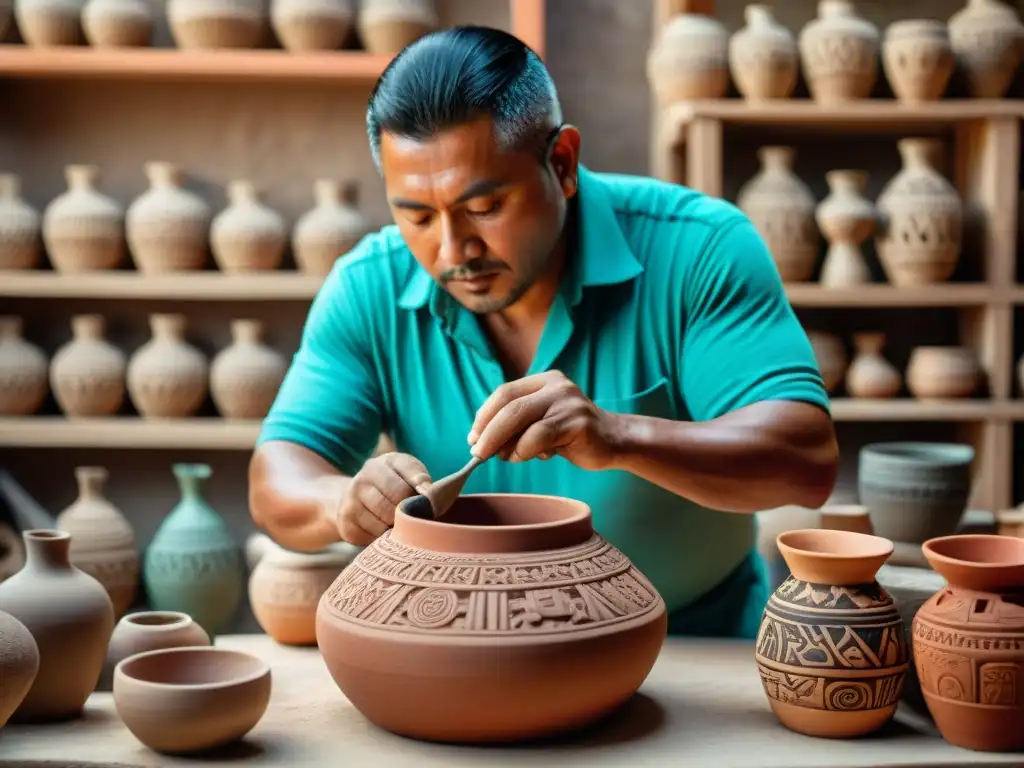 Arte maya en turismo cultural: Artesano maya tallando diseños en una vasija de barro con herramientas y patrones tradicionales en un taller