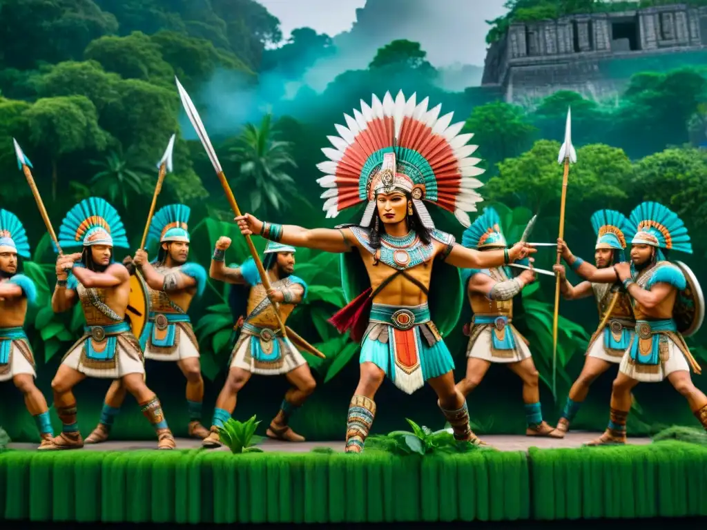 Arte militar de los mayas: Batalla entre ciudad-estados con guerreros, templos y selva exuberante