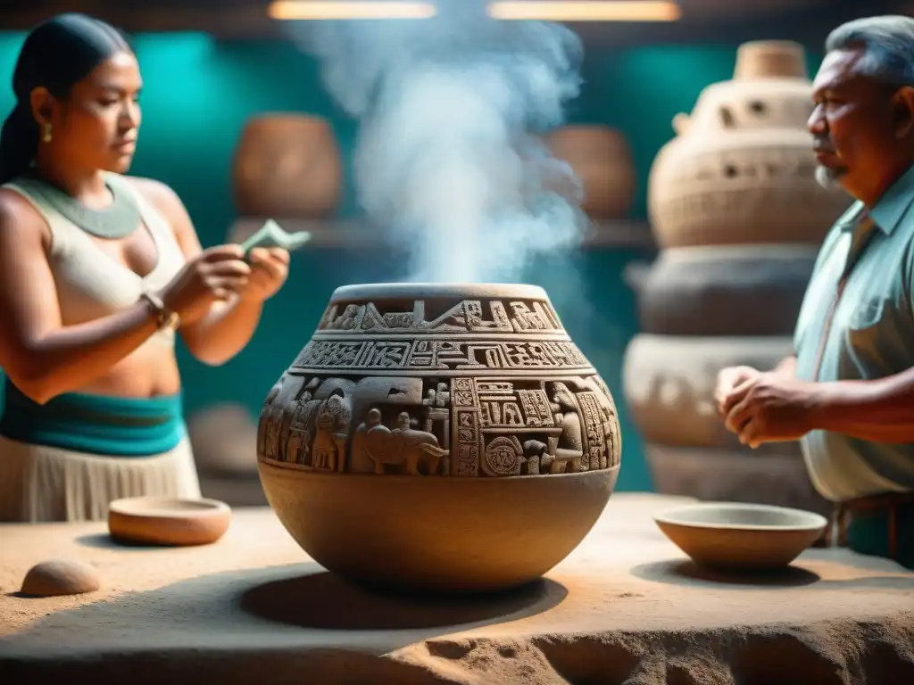 Explorando el arte olmeca en la mesa: escena vibrante de vasija antigua con detalles y glifos, arqueólogos y artesanos mayas