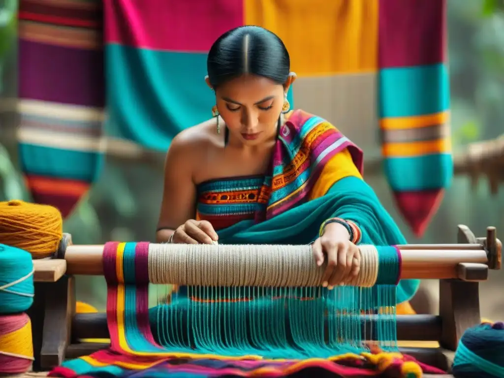 Arte textil maya: mujer tejiendo en telar con colores vibrantes