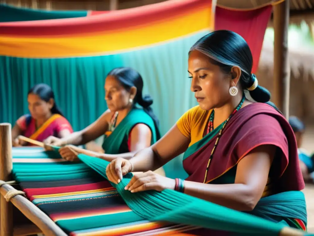 Arte textil maya: mujeres tejiendo patrones coloridos con simbolismo funcionalidad en telares de cintura