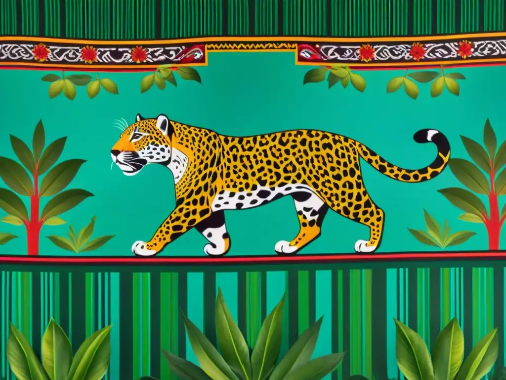 Arte textil maya: Jaguar en la selva rodeado de símbolos de la vida y la naturaleza en vibrantes colores terrosos