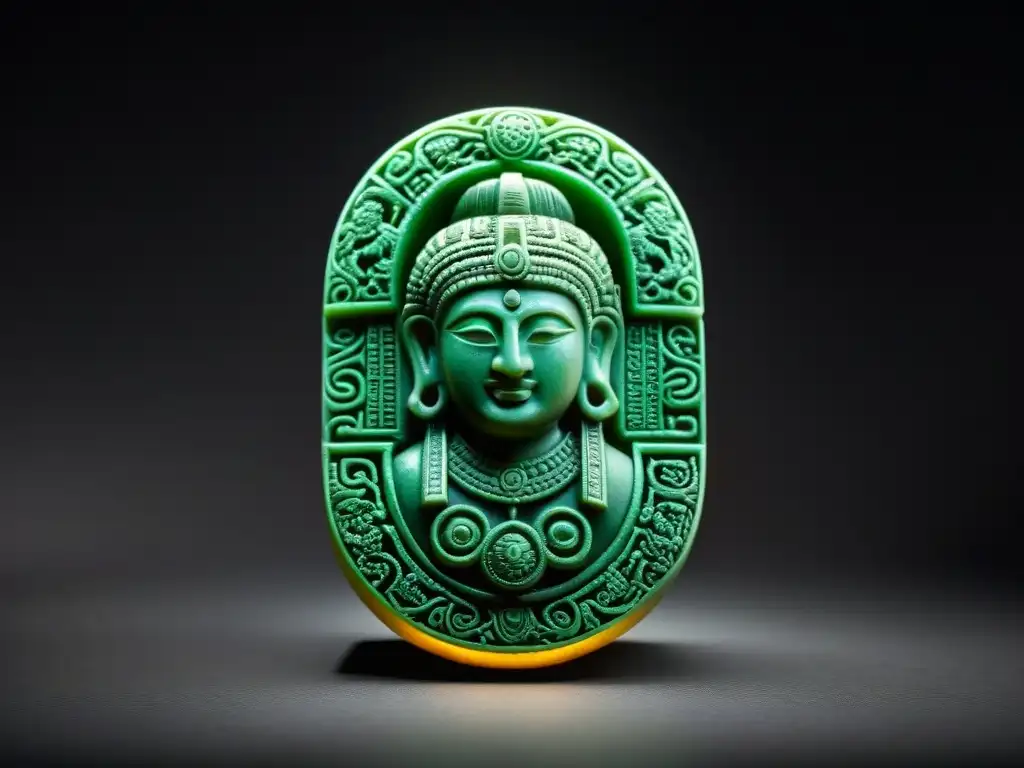 Artefacto de jade maya único con tallados detallados y tonos verdes vibrantes en contraste con fondo oscuro