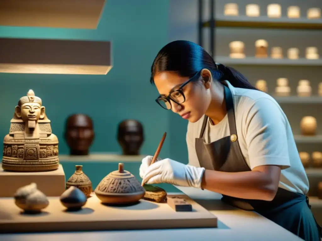 Conservación de artefactos mayas menores: Restaurador delicado trabaja en pieza maya bajo luz brillante de museo, rodeado de artefactos y libros