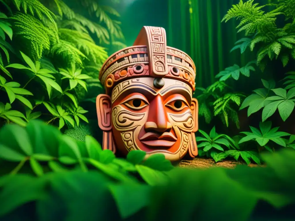 Reconstrucción 3D artefactos mayas perdidos: detallada pieza maya con colores vibrantes en la jungla