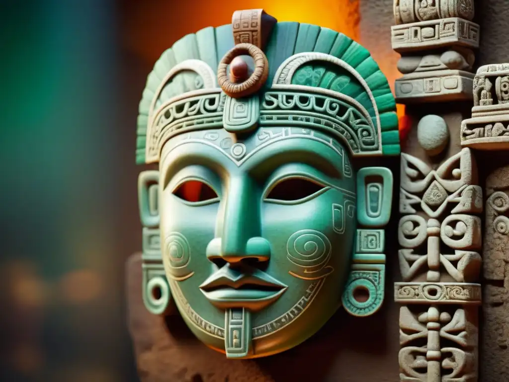 Reconstrucción 3D de artefactos mayas perdidos: máscara de jade detalladamente esculpida en entorno arqueológico