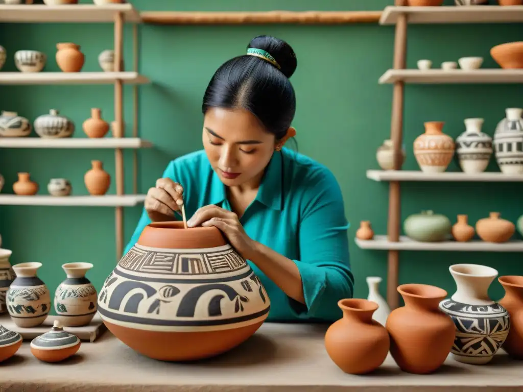 Artesana maya pinta cerámica con símbolos agrícolas en taller rústico