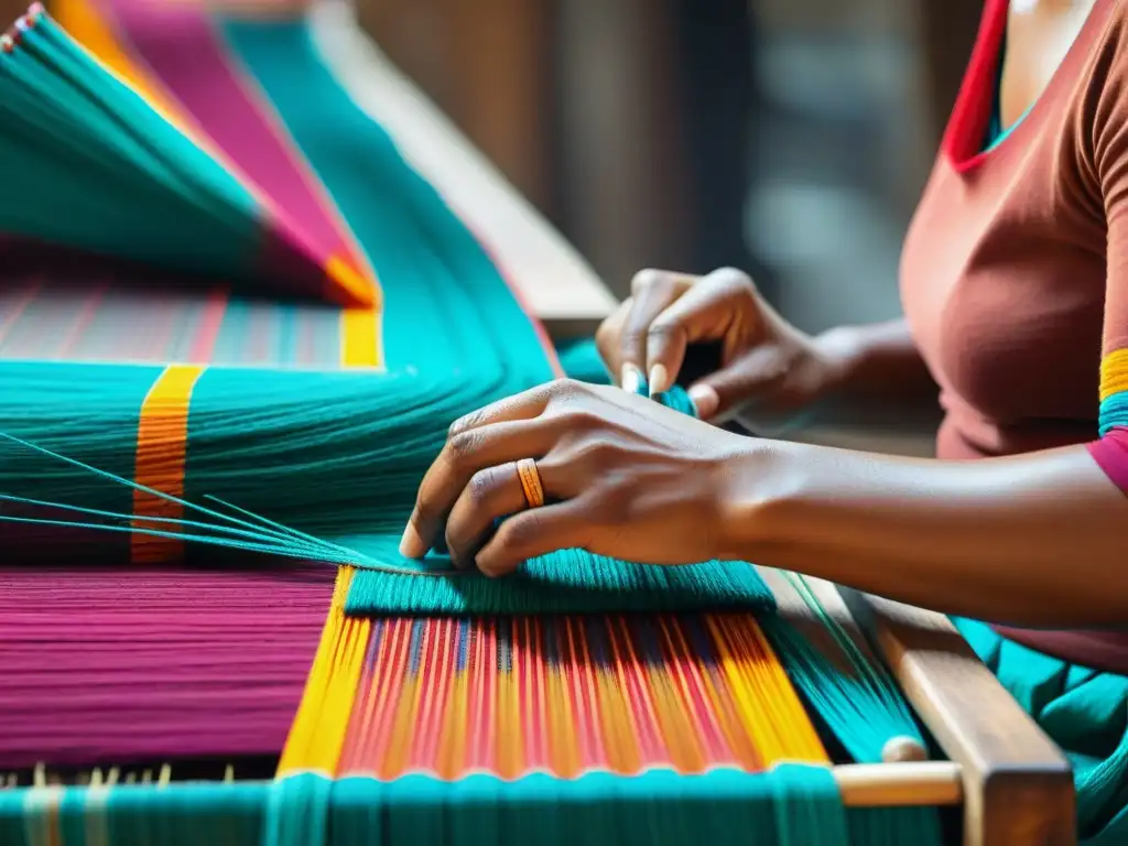 Hábil artesana maya tejiendo en telar de cintura, tradición textil maya