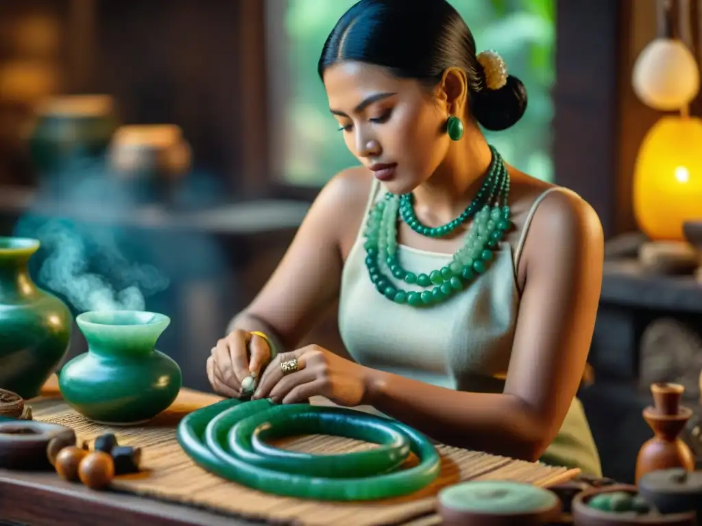 Artesana maya elaborando collar de jade con herramientas y materiales antiguos en rituales ancestrales