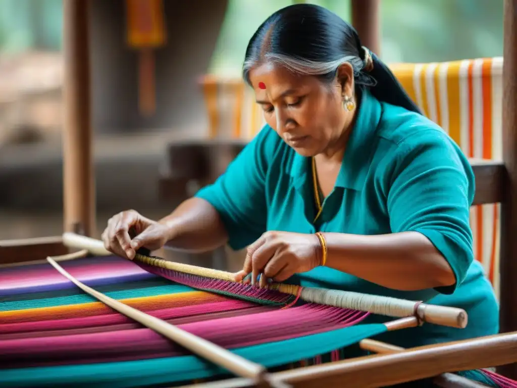 Artesana maya tejiendo con cuidado en telar tradicional, resaltando el significado arte textil maya