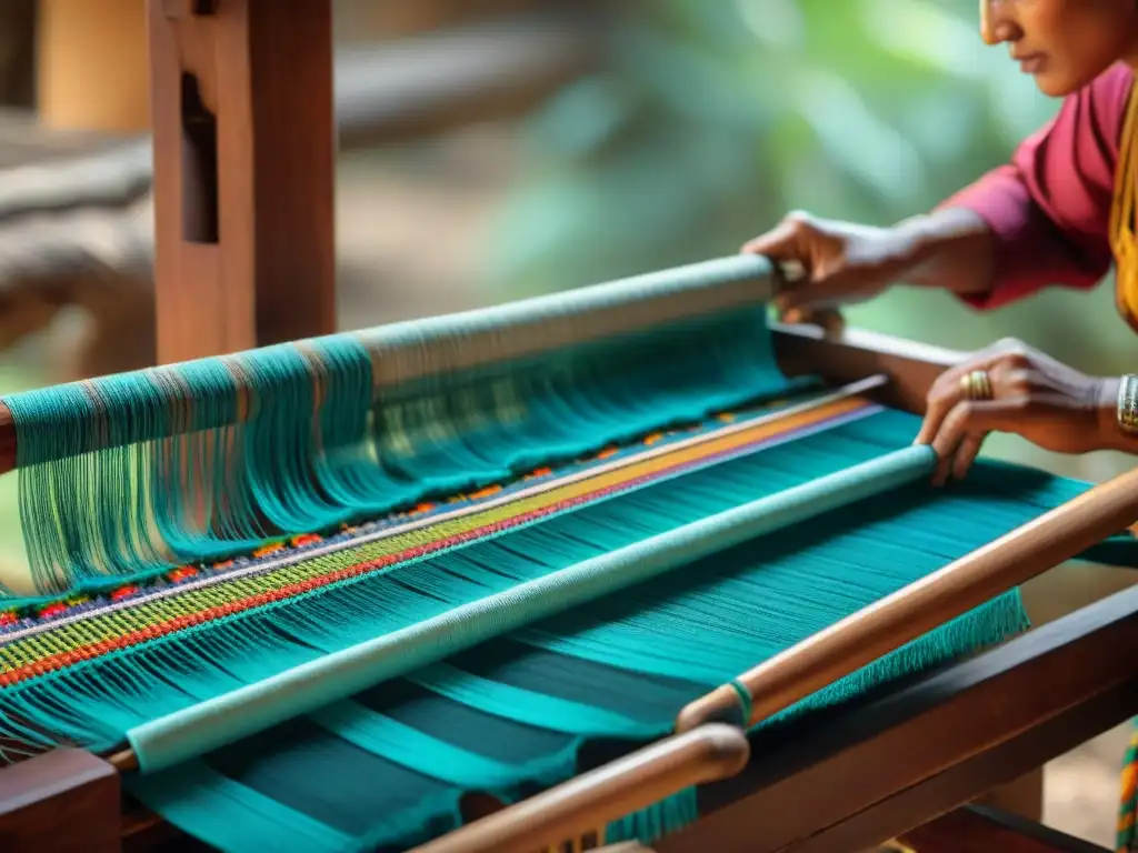 Artesana maya teje con destreza en telar cintura tradición textil maya, creando obra colorida