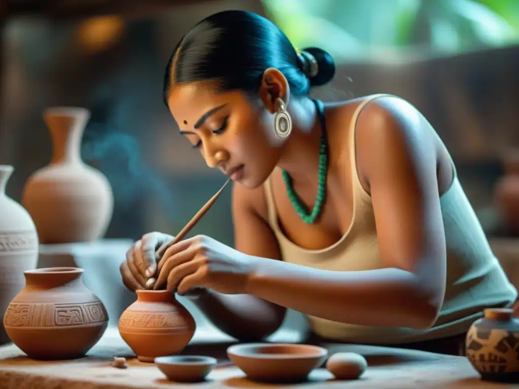 Artesana maya moldeando figura de arcilla rodeada de herramientas tradicionales y diseños cerámicos