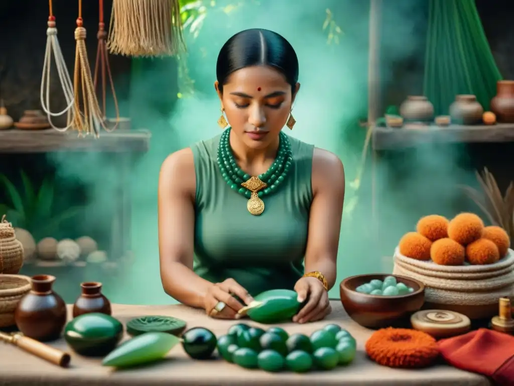 Artesana maya crea minucioso collar de jade rodeada de textiles vibrantes y herramientas antiguas, mostrando el impacto cultural de las joyas mayas en la sociedad