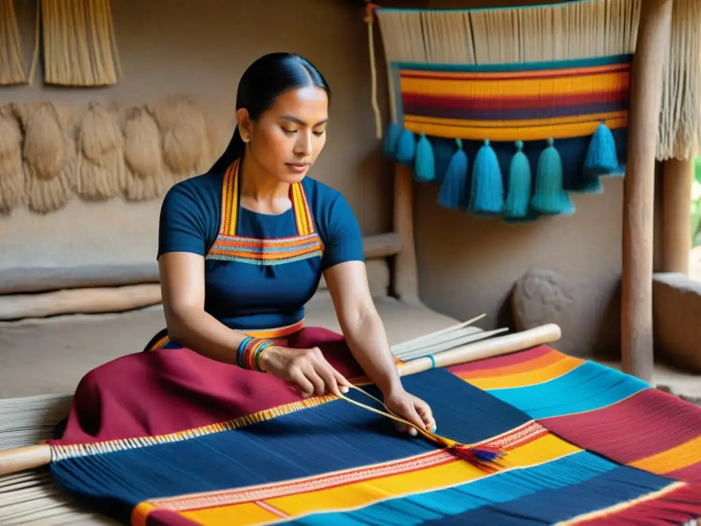 Una artesana maya teje patrones geométricos en un telar de cintura, rodeada de hilos vibrantes