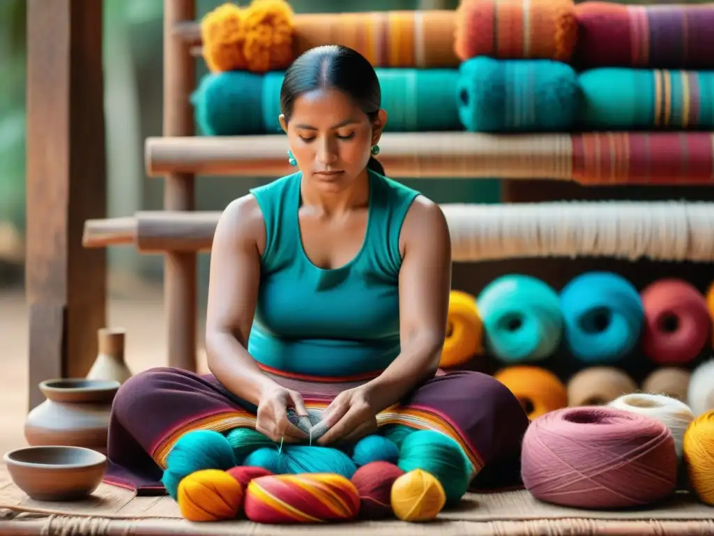 Una artesana maya tejedora de materiales revolucionarios en su taller, creando textiles tradicionales con destreza