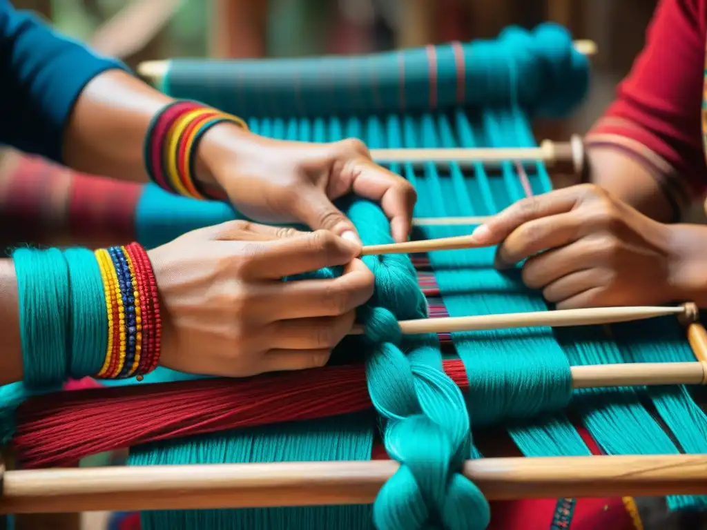 Artesana maya tejiendo textiles ceremoniales en telar de cintura, ambiente cálido y colorido