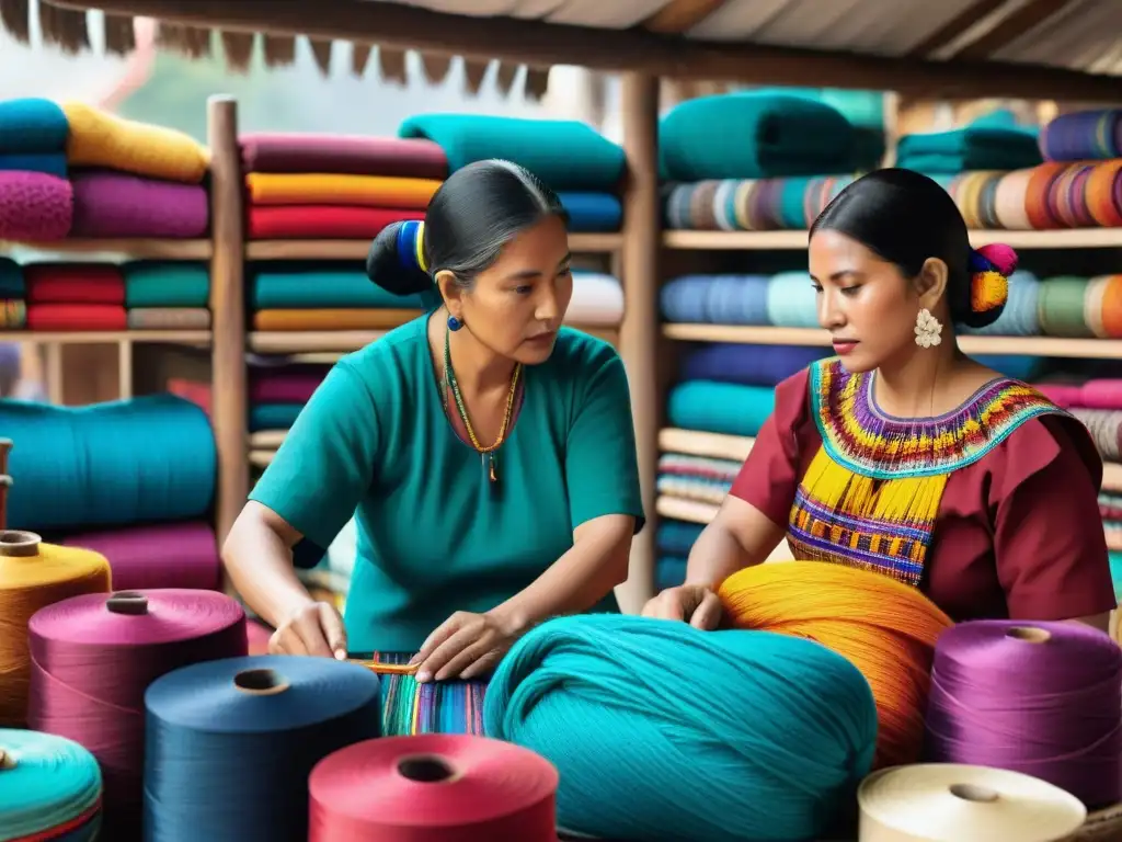 Artesanas mayas creando textiles tradicionales en mercado colorido