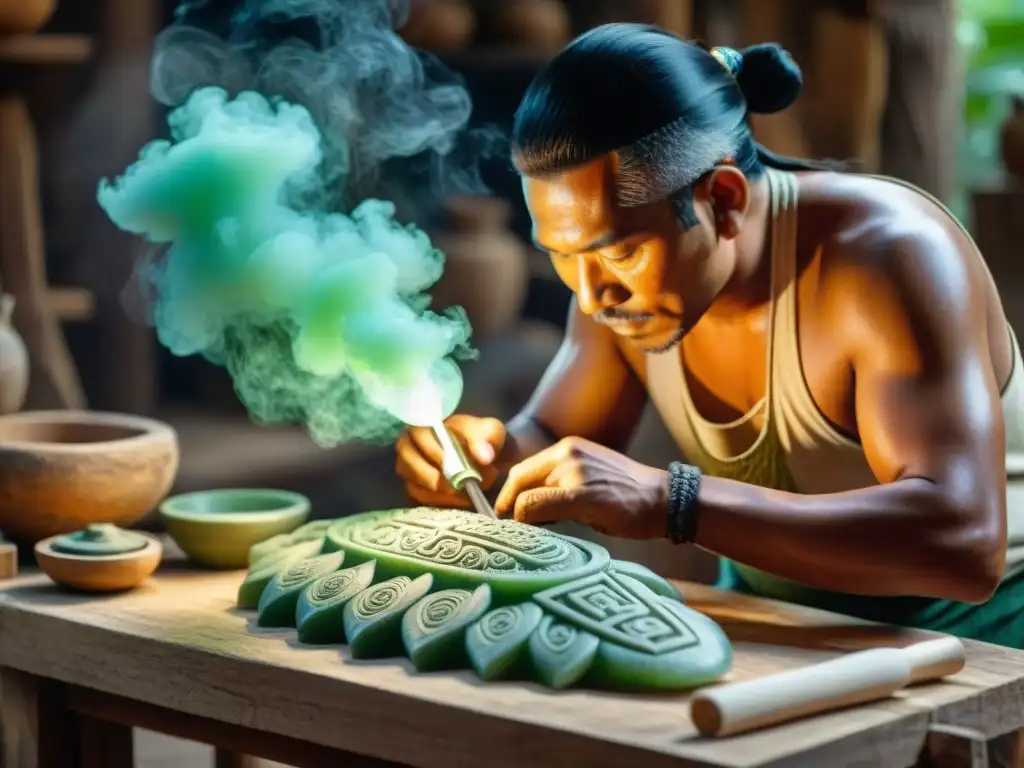 Artesanía ancestral civilización maya: Un artesano maya tallando jade con técnica tradicional en un taller rústico iluminado con luz natural