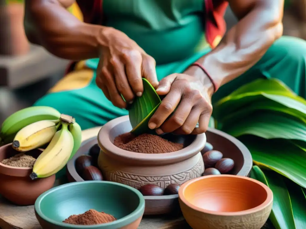 Artesanía maya: manos expertas moliendo cacao para preparar pozol, rodeadas de hojas verdes y ollas de barro