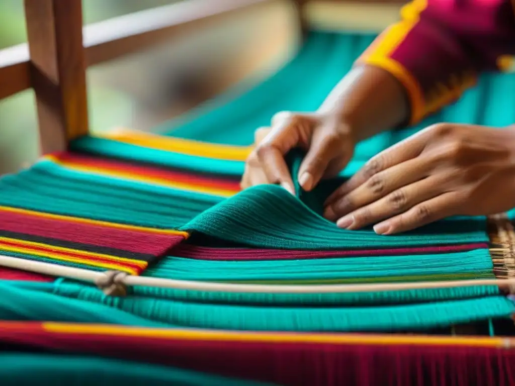 Artesanía maya: manos tejiendo un textil tradicional con colores vibrantes y patrones intrincados