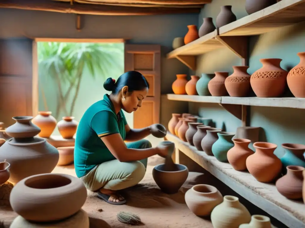 Artesanía maya tradicional y moderna: Artesanos mayas crean delicadas piezas de cerámica en un taller rústico iluminado por el sol