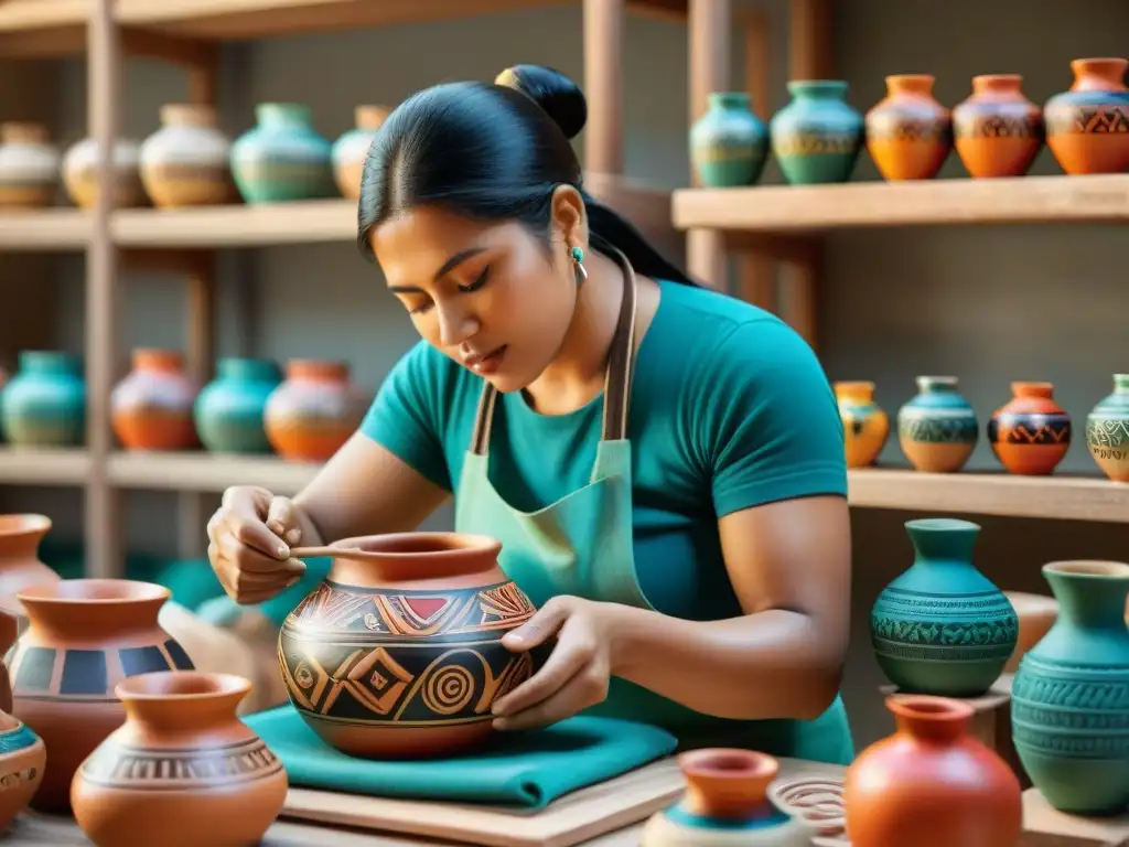 Artesanía maya tradicional y moderna: Un artesano maya talla diseños intrincados en cerámica rodeado de herramientas y colores vibrantes