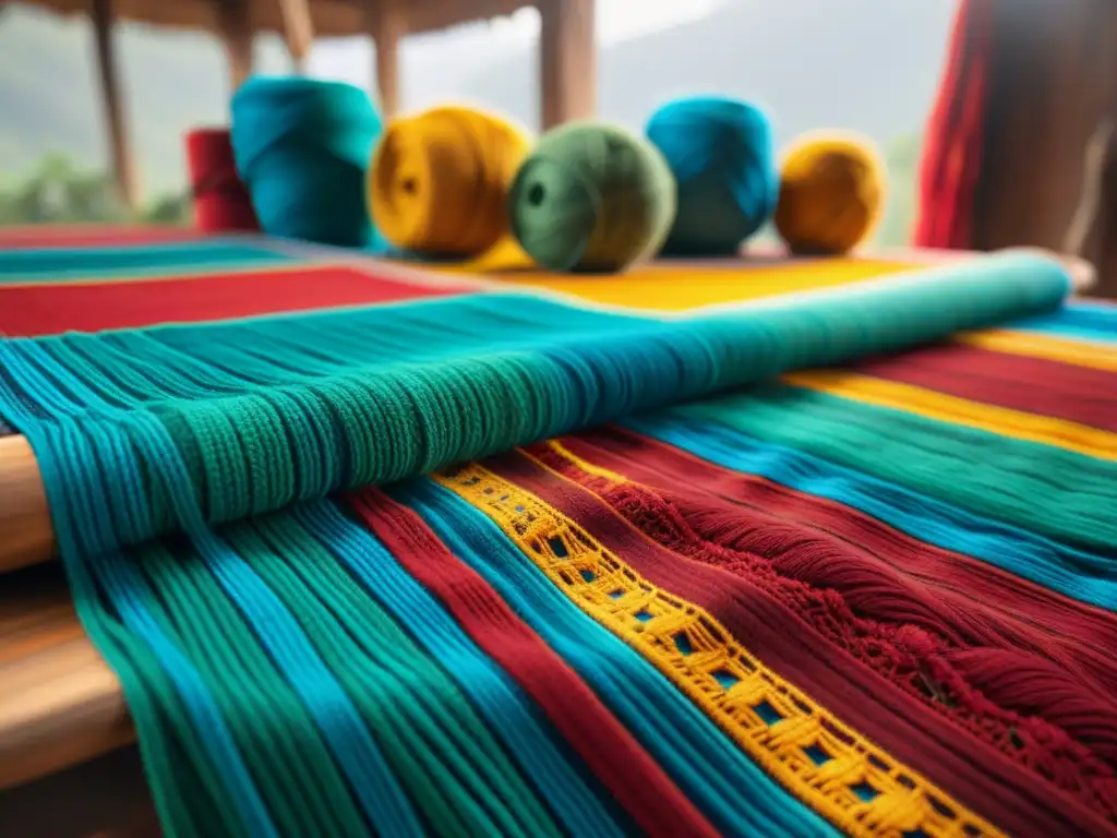 Artesanía textil maya moderna con prácticas culturales espirituales, tejida con patrones y colores vibrantes en un taller rústico iluminado por el sol