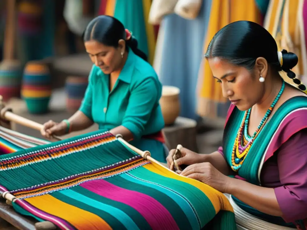 Artesanías mayas en el siglo XXI: Maya artisans tejiendo patrones tradicionales en mercado de Chichicastenango, Guatemala