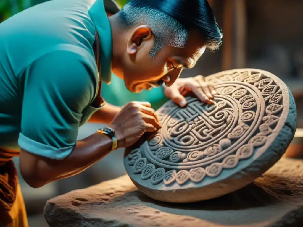 Un artesano ancestral maya tallando diseños con precisión, inmerso en la recreación de obras maestras históricas