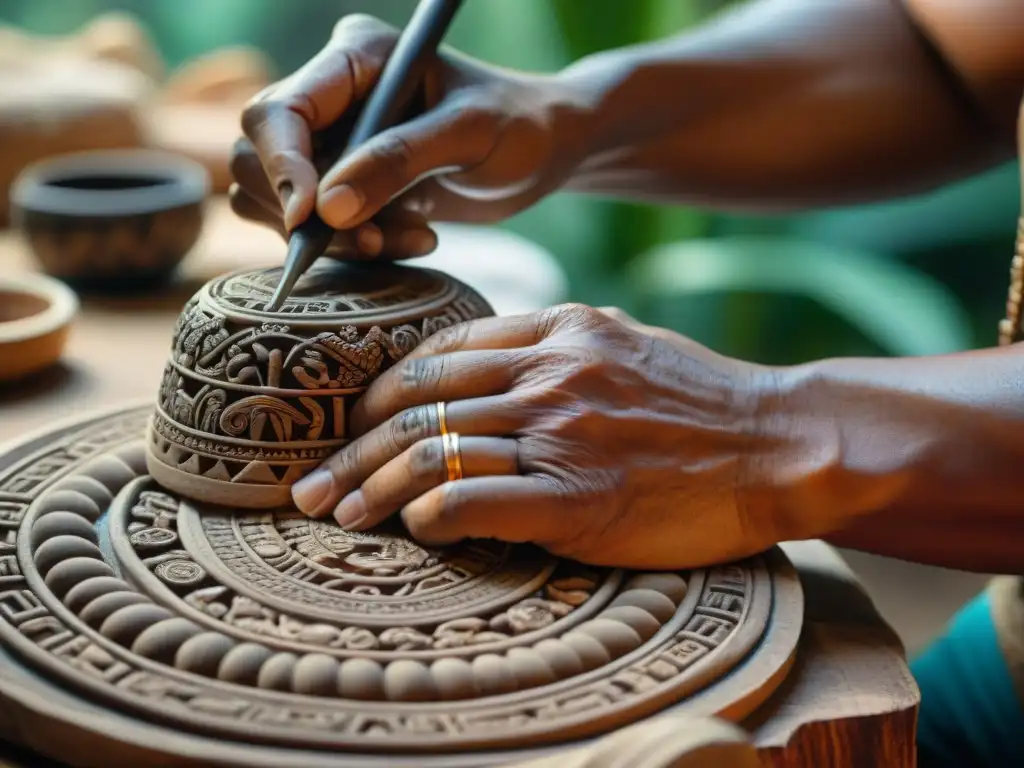 Artesano tallando réplica artefacto maya con precisión y concentración, manos adornadas con joyería maya