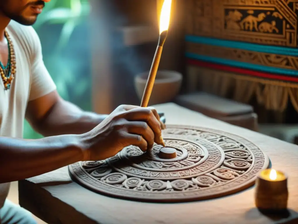 Un artesano hábil replica artefactos mayas fieles con herramientas tradicionales en un taller lleno de historia