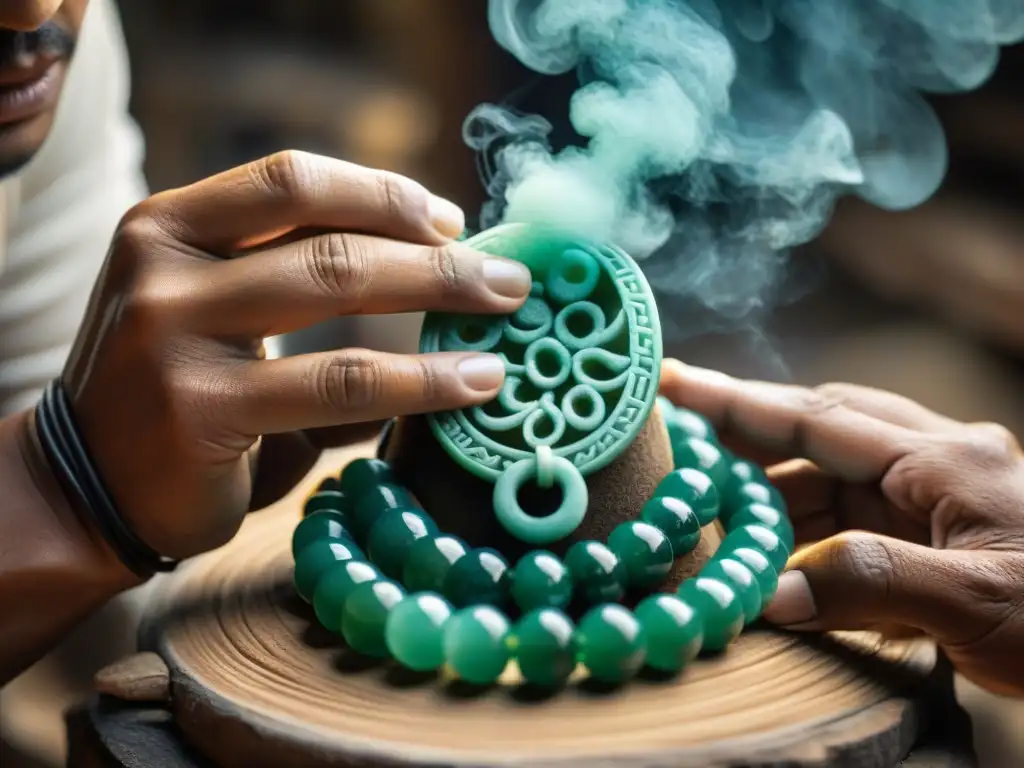 Un artesano contemporáneo esculpe con destreza un colgante de jade maya, fusionando pasado y presente en su taller