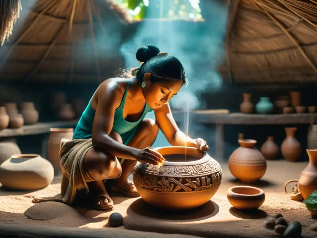 Un artesano contemporáneo maya talla con maestría el simbolismo del agua en una vasija tradicional de barro, capturando la esencia de la cultura maya