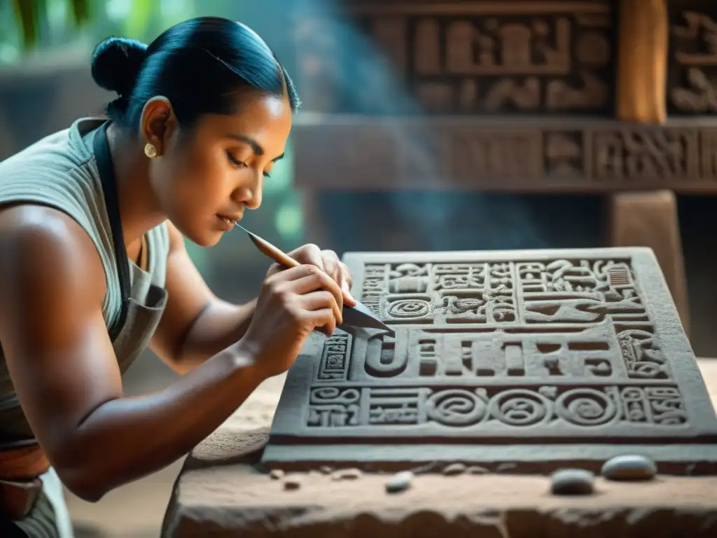 Un artesano esculpe delicadas jeroglíficos mayas en piedra en un taller histórico