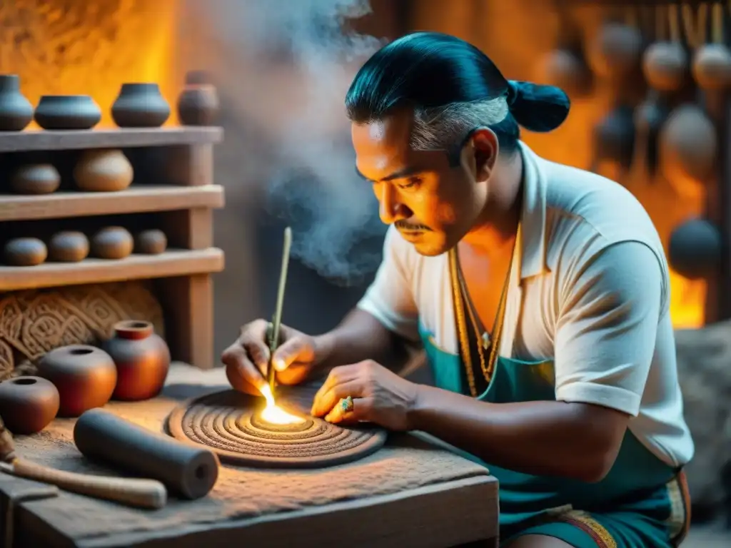 Un artesano replica con destreza un artefacto maya, rodeado de herramientas antiguas y materiales tradicionales