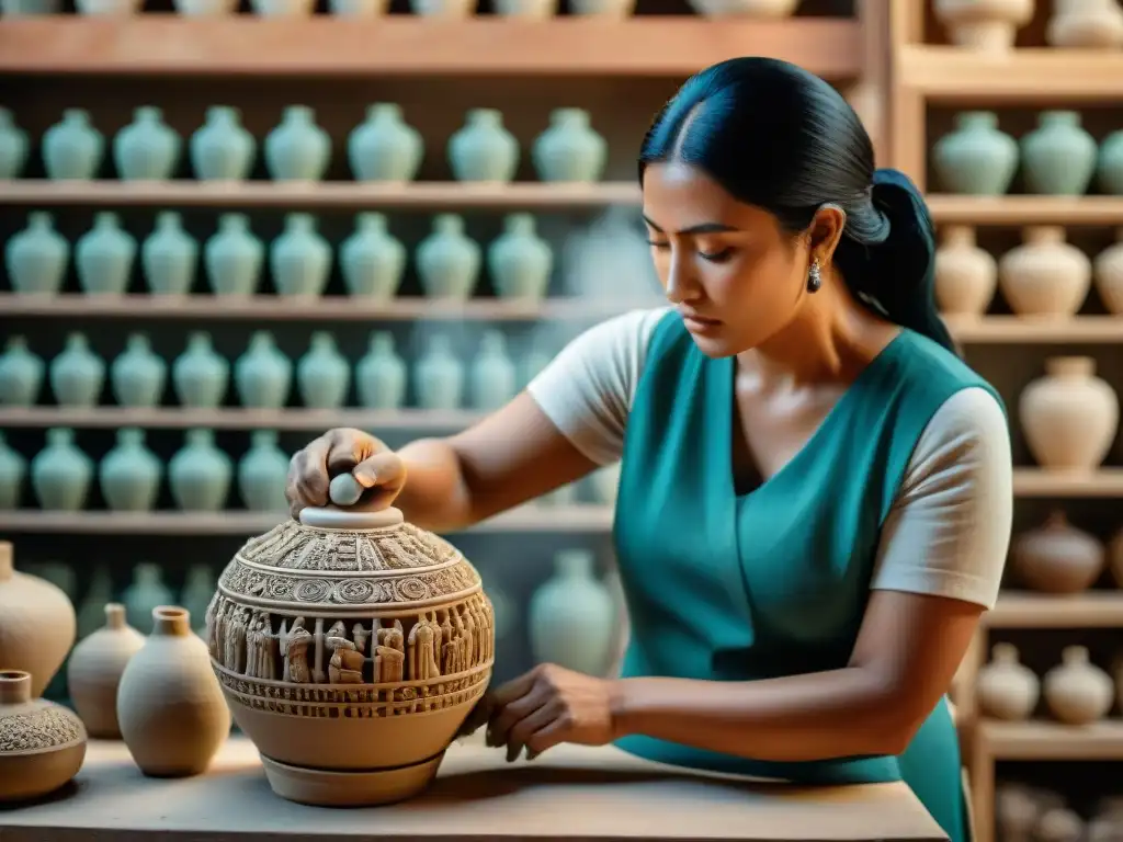 Un artesano restaura con destreza una escultura cerámica maya centenaria, resaltando la importancia de la conservación