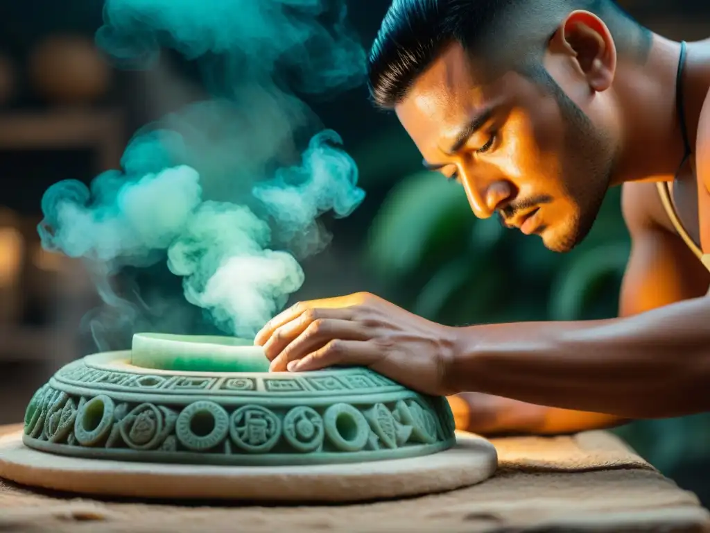 Un artesano en México talla con destreza una réplica de un glifo maya en jade, destacando la artesanía y cultura maya