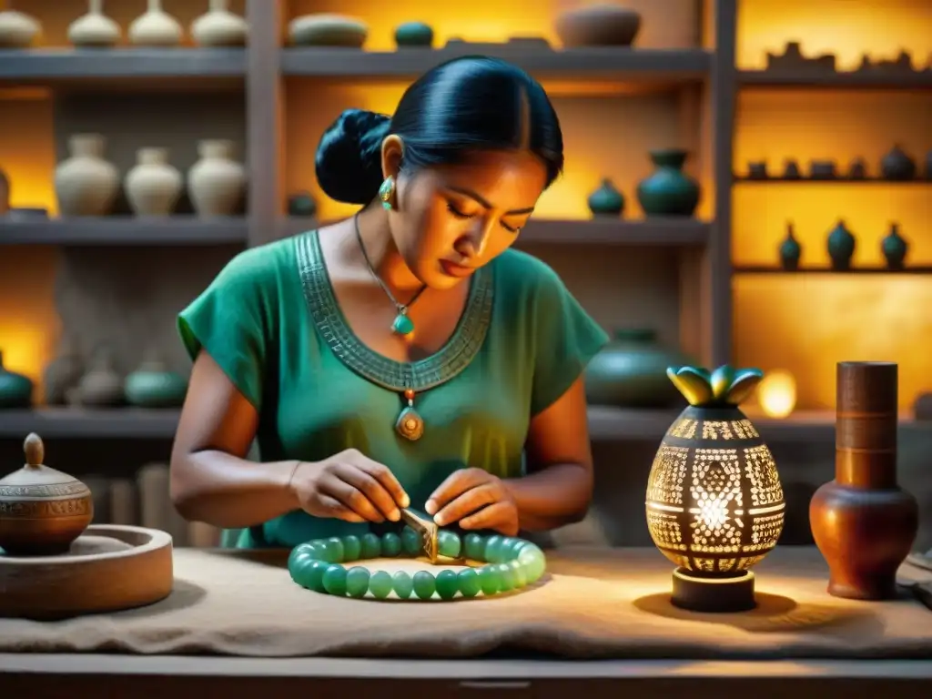 Un artesano restaurando con esmero un collar de jade maya, bajo la cálida luz de su taller