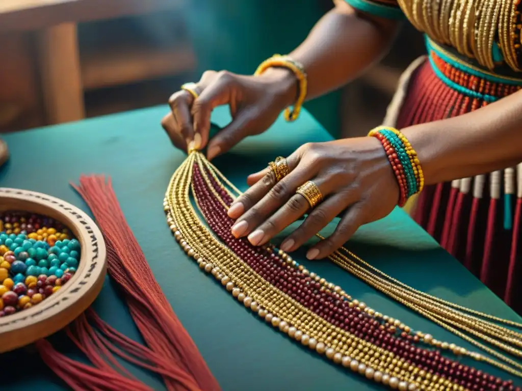 Un artesano experto teje con destreza cuentas de colores y filigrana dorada para crear joyas mayas