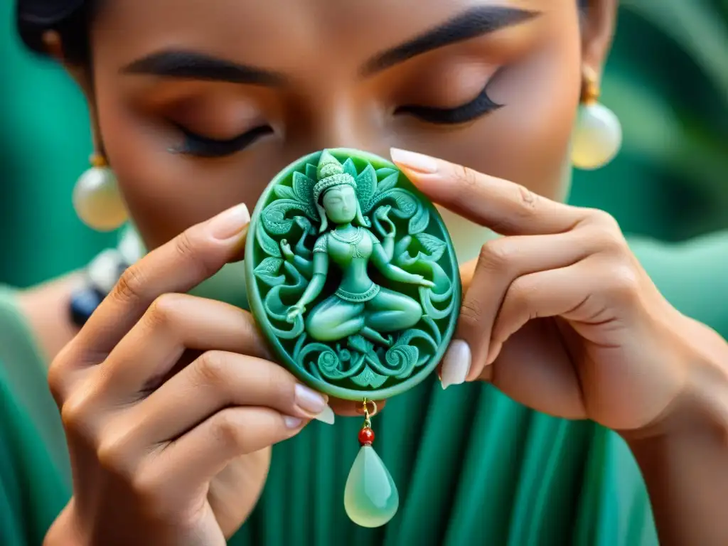 Un artesano experto talla diseños mayas en jade, resaltando la belleza de las joyas inspiradas en la cultura maya