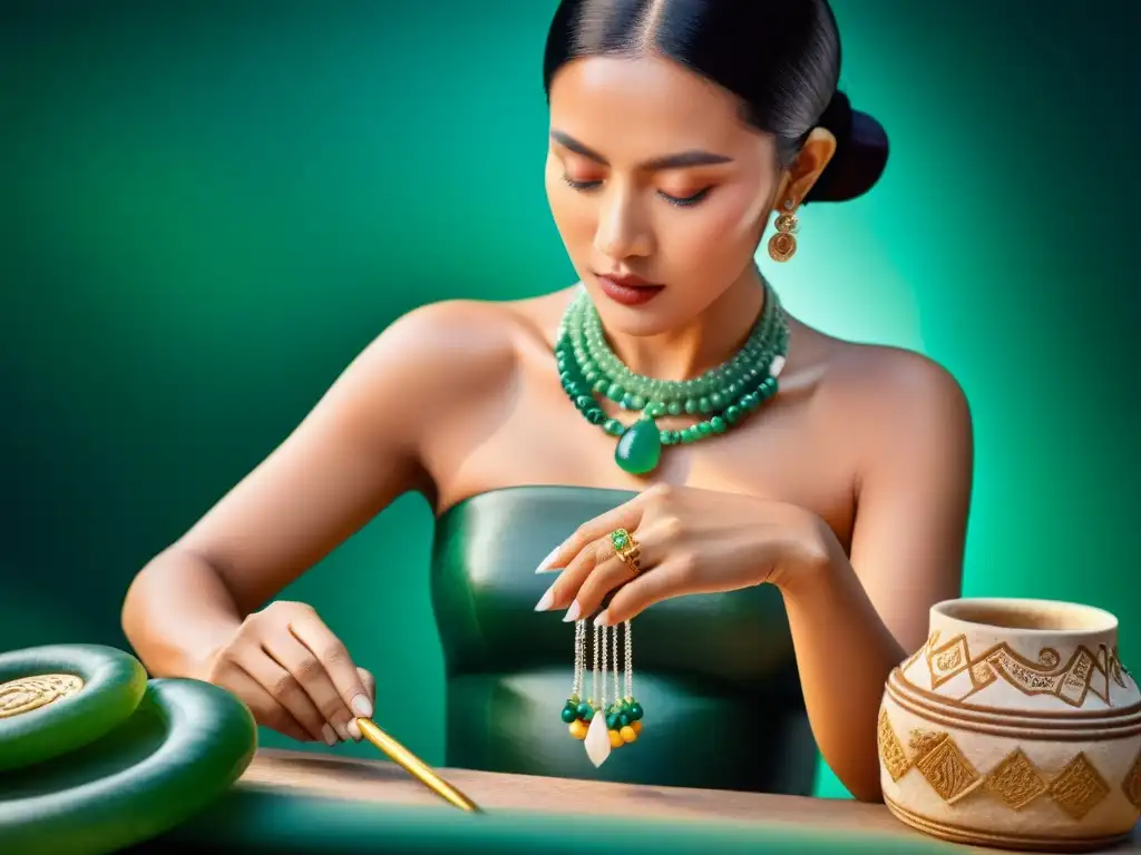 Un artesano experto crea un intrincado collar de jade inspirado en la cultura maya, rodeado de artefactos antiguos