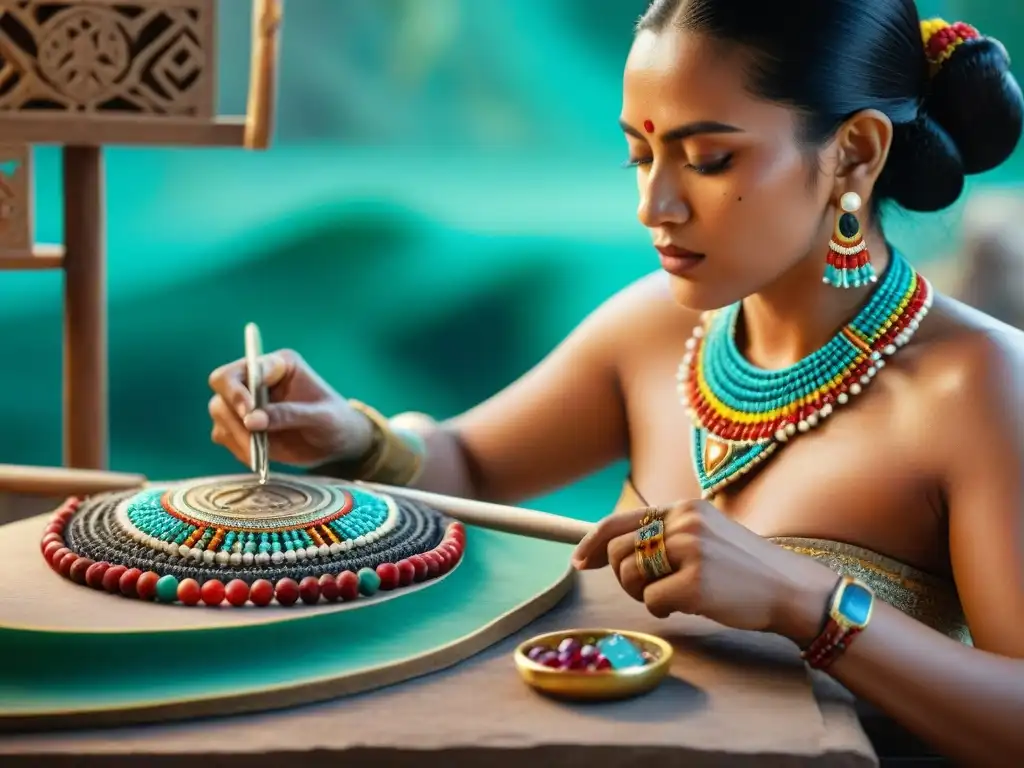 Un artesano experto crea joyas mayas inspiradas con herramientas tradicionales y gemas coloridas, fusionando técnicas antiguas y diseño moderno