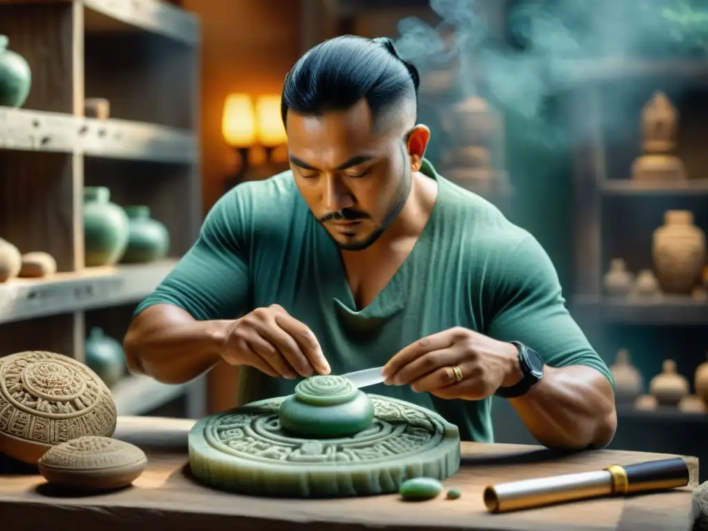 Un artesano experto esculpe una réplica maya en jade con precisión y dedicación, honrando la autenticidad histórica