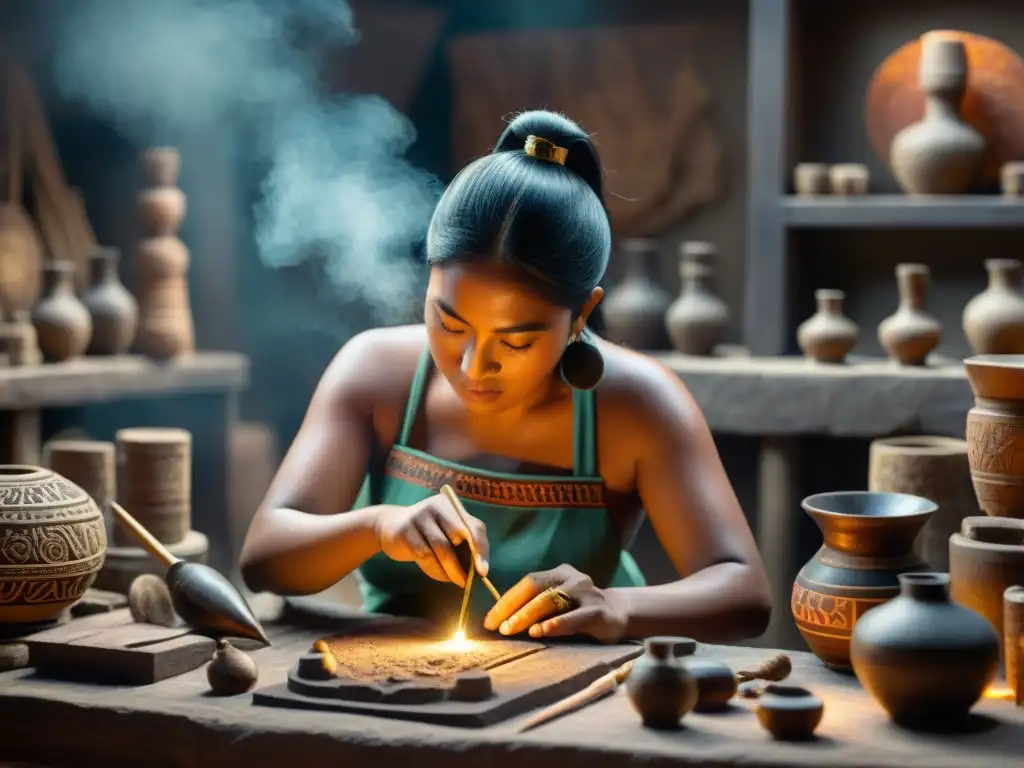Un artesano experto crea réplicas artefactos mayas fieles con herramientas tradicionales en un taller iluminado tenue