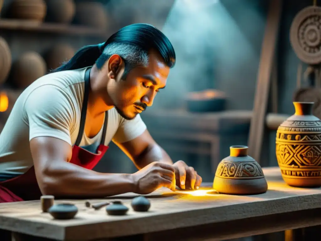 Un artesano experto crea con precisión réplicas mayas de alta calidad en un taller tradicional