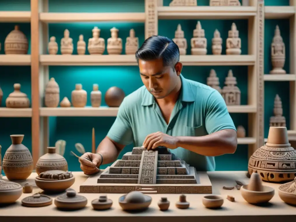 Un artesano experto recrea réplicas mayas en turismo cultural, detallando con destreza y pasión