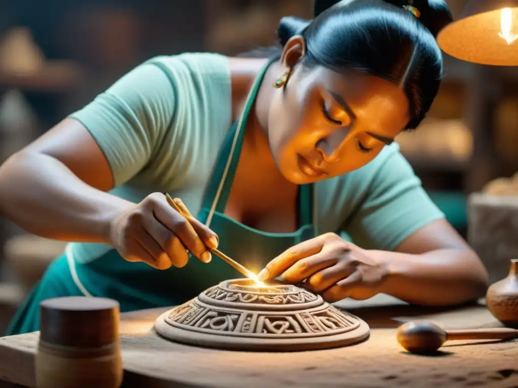 Un artesano experto crea réplicas mayas de alta calidad con precisión y dedicación en su taller lleno de referencias históricas