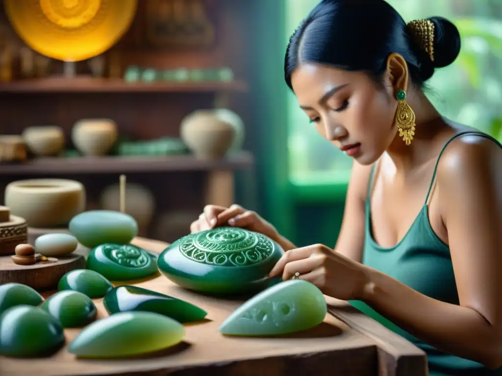 Un artesano experto talla con precisión joyas inspiradas en la cultura maya, rodeado de herramientas y jade